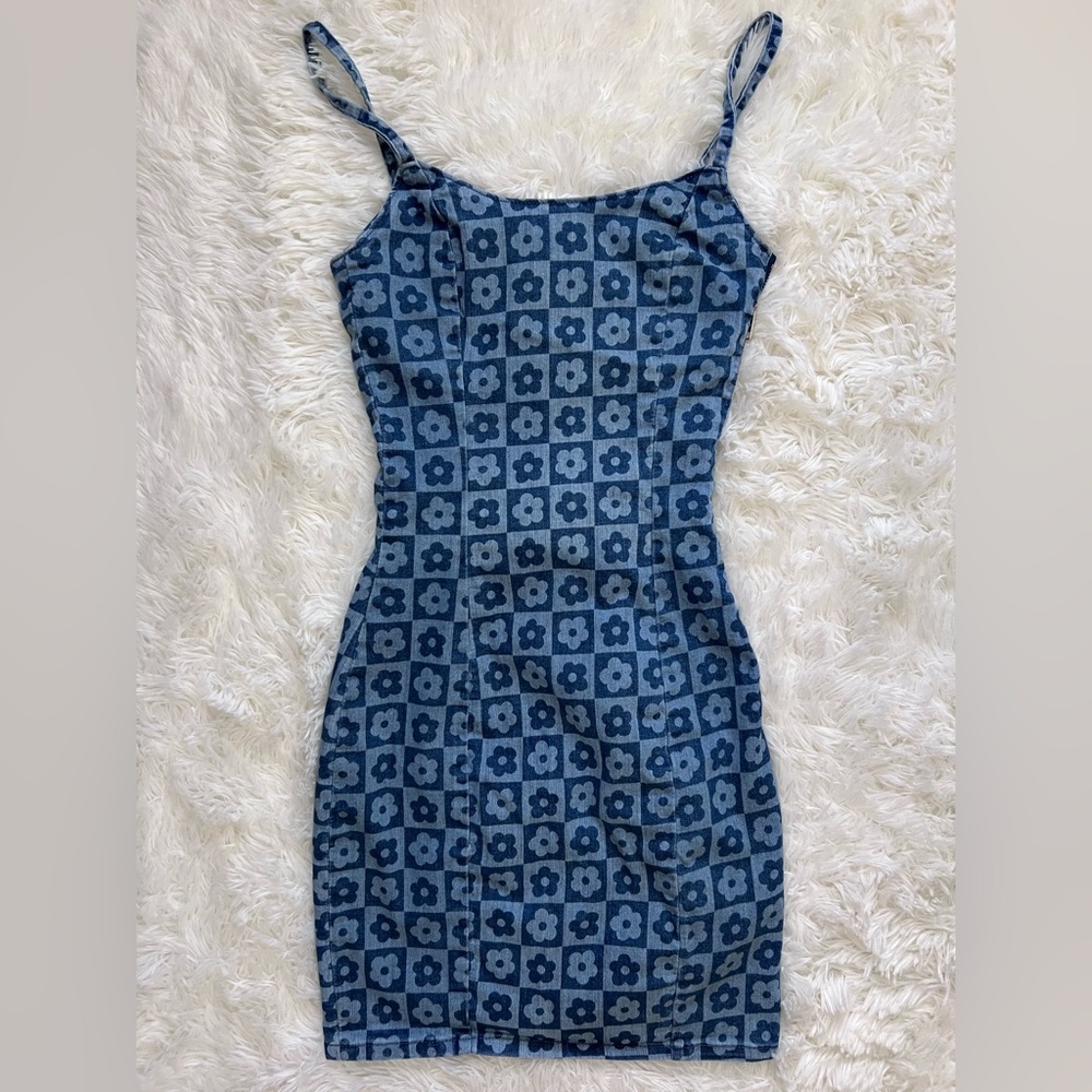 H&M Blue y2k Floral Print Mini Denim Dress